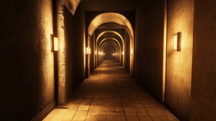 Obraz premium A dimly lit corridor with arches and wall lights, creating a mysterious atmosphere.