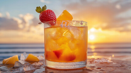 Refreshing cocktail with ice, strawberries, and pineapple at sunset