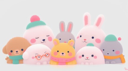 A set of adorable animals such as puppies, kittens, and rabbits in a playful and light-hearted style, creating a whimsical and cheerful atmosphere.