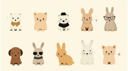 Obraz premium A set of adorable animals such as puppies, kittens, and rabbits in a playful and light-hearted style, creating a whimsical and cheerful atmosphere.