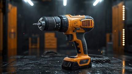 A powerful cordless drill illuminated in a modern workshop with industrial decor and tools scattered on the floor