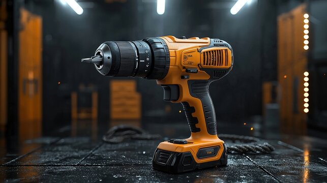 A powerful cordless drill illuminated in a modern workshop with industrial decor and tools scattered on the floor