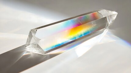 Crystal prism producing a vibrant rainbow light burst against a clean white surface