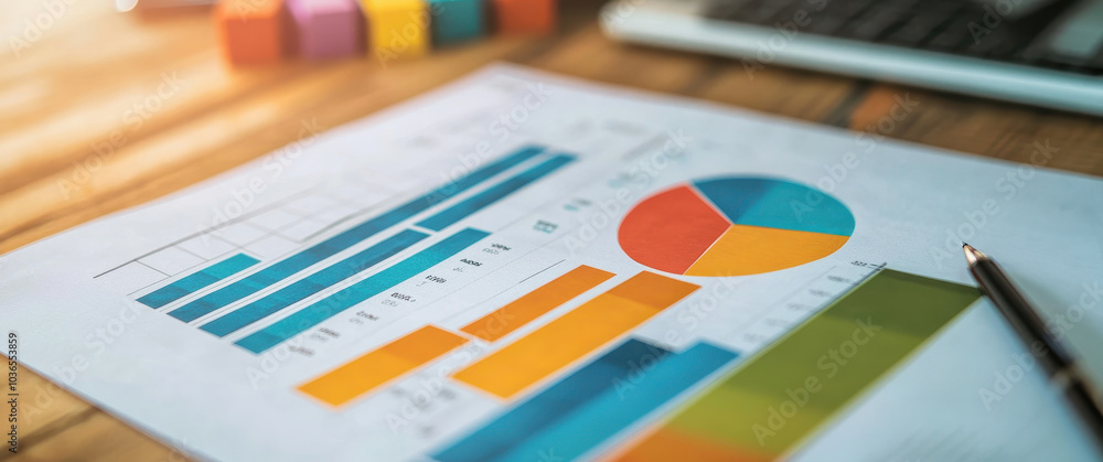Poster a colorful bar graph and pie chart on top of an open financial report, illustrating the concept of g