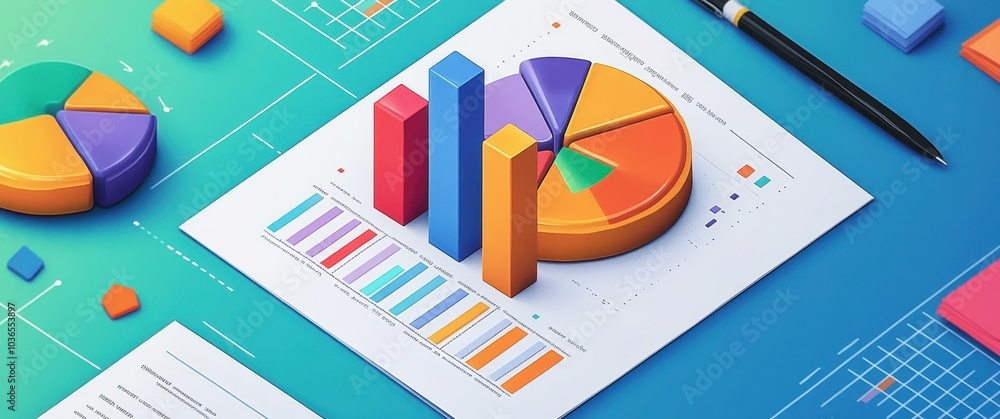 Poster a colorful bar graph and pie chart on top of an open financial report, illustrating the concept of g