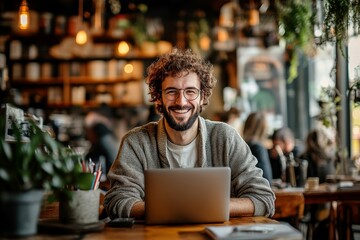 Graphic design professional working in a cafe, Generative AI