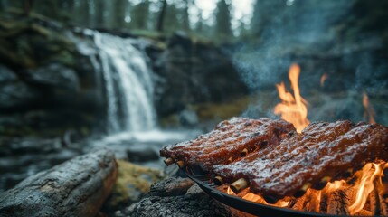 Obraz premium Grilled Ribs with Waterfall Background.