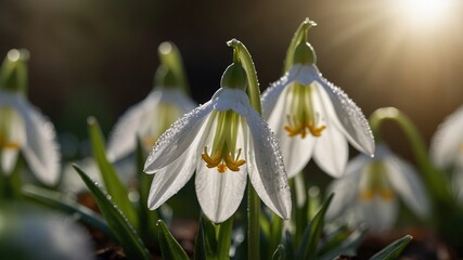 A solitary snowdrop blooms valiantly, bathed in golden sunlight.