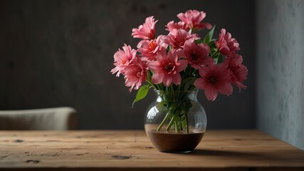 A vibrant bouquet of pink petals adorns a rustic wooden table, capturing the essence of summer in a timeless still life.