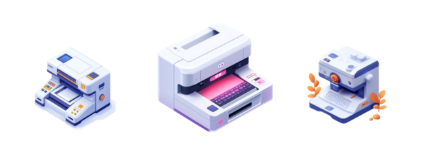 Isometric illustration of a modern printer. A sleek, white printer with a futuristic design is depicted in a 3D style. The printer features a large, rectangular body with a flat top, a front panel wit