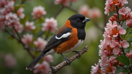 Fototapeta premium A vibrant Eastern Towhee perches upon a blossoming tree, its scarlet breast contrasting against nature's verdant hues.