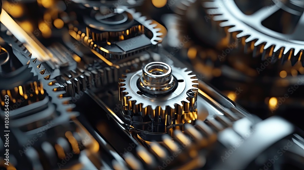 Poster interlocking gears turning together, illustrating the precision and complexity of mechanical systems