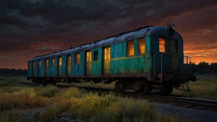 Obraz premium Eerie solitude shrouds a forgotten railcar, its spectral form bathed in moonlight.