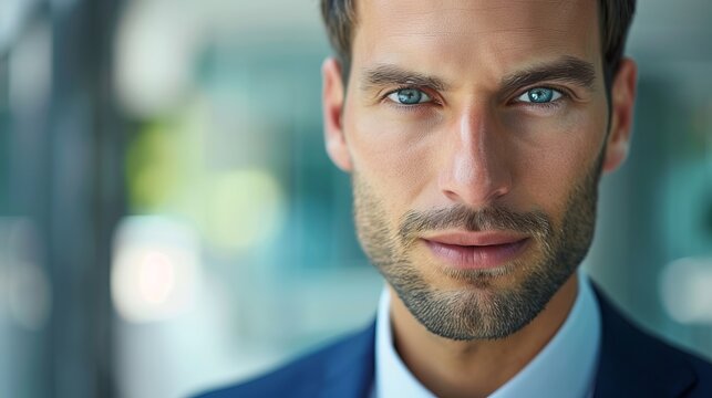 A businessman making direct eye contact with the camera, conveying trustworthiness and reliability.