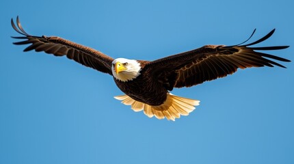 Fototapeta premium A close-up shot of a bald eagle soaring through a clear blue sky, wings fully spread, focusing on the sharp details of its feathers.