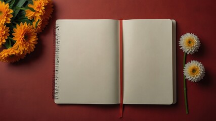 Floral-adorned notebook with crisp, blank pages and a vibrant red backdrop sets the stage for unforgettable event planning.