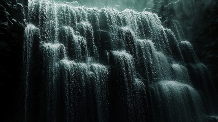 A close up of a waterfall cascading down dark, rocky terrain.
