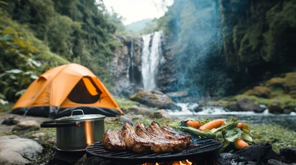 Camping by the Waterfall.