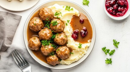 Swedish meatballs with gravy, mashed potatoes, and lingonberry sauce on a minimalist white background.