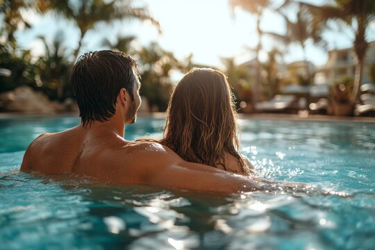 Couple on vacation enjoying in resort pool, Generative AI