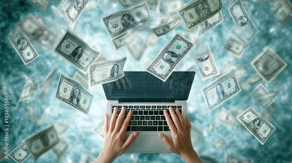 Poster laptop with hands typing, surrounded by floating dollar symbols, representing the connection between