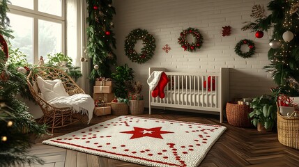 a cozy christmas-themed play mat adorned with festive decorations, nestled in a beautifully decorated nursery. perfect for creating a warm holiday atmosphere.