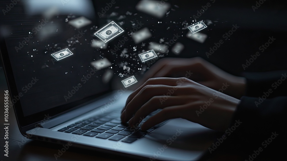 Poster laptop with hands typing, surrounded by floating dollar symbols, representing the connection between