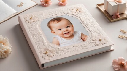 Elegant Baby Photo Album with Textured Floral Cover Beside Gift and Flowers on Light Surface