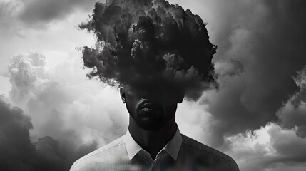 Man under a dark cloud, inside his head, representing mental strain and work fatigue through contemporary art and psychological symbolism.