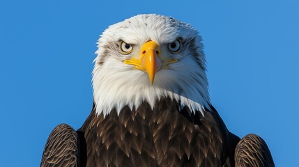 Obraz premium Majestic Eagle Close-up: Detailed Feathers and Piercing Golden Eye Against Clear Blue Sky Background - Perfect for Farm Life and Wildlife Photography Enthusiasts