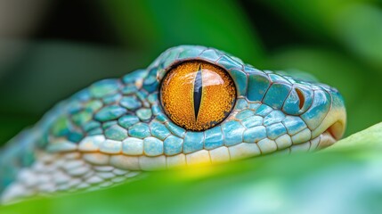 Fototapeta premium Macro Photography of a Snake's Eye with Emerald Green Scales Against a Rainforest Backdrop