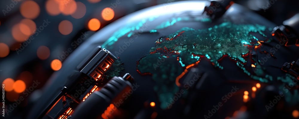 Poster a close-up view of a glowing globe with vibrant colors and abstract designs, representing global con