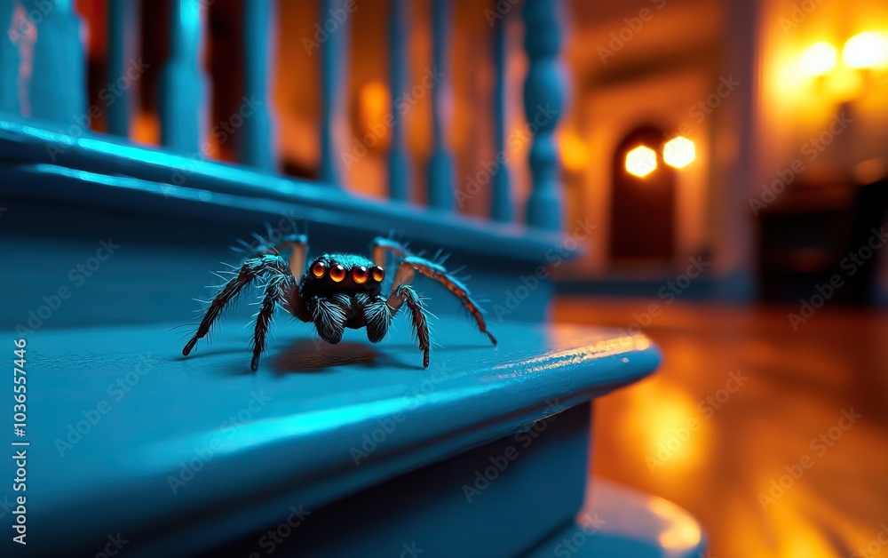 Poster a close-up view of a spider on a staircase with a softly lit background, showcasing its intricate de