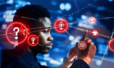 African American Businessman with virtual global currency symbols in hand and interacting with digital network in futuristic technology - Powered by Adobe