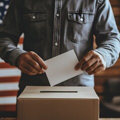 man is voting in an USA election by putting a white piece of paper into a box. USA flag on background.