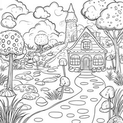 A gingerbread village with candy shops, coloring page for kids, simple outline illustration. Coloring book, simple lines.