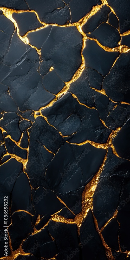 Poster abstract black surface with golden cracks, creating a unique and elegant texture.