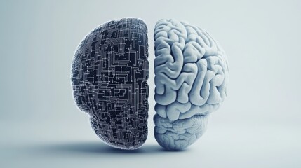 Half digital brain merging with biological brain, illustrating artificial intelligence and human mind