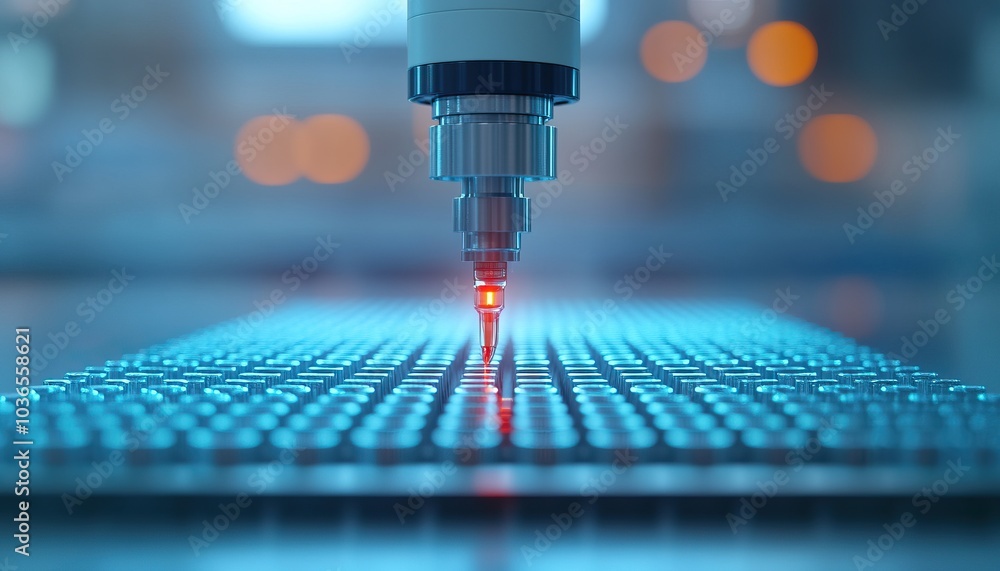 Poster close-up of advanced laser technology in operation on a microchip with blue light reflections.