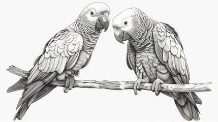 Obraz premium Sketch of Two Parrots on a Branch with Clear Background