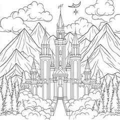 Obraz premium A magnificent castle in the clouds, anime coloring page for kids, simple outline illustration. Coloring book, simple lines.