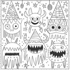 A monster party with fun decorations, coloring page for kids, simple outline illustration. Coloring book, simple lines.