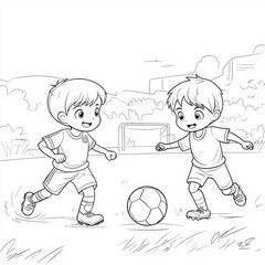 A soccer game with kids playing on a field, coloring page for kids, simple outline illustration. Coloring book, simple lines.