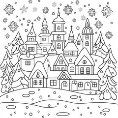Fototapeta premium A snowy village with twinkling lights, coloring page for kids, simple outline illustration. Coloring book, simple lines.