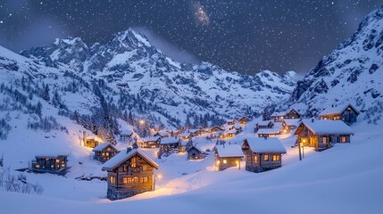 Fototapeta premium A small village nestled in the snowy mountains under a starry sky.
