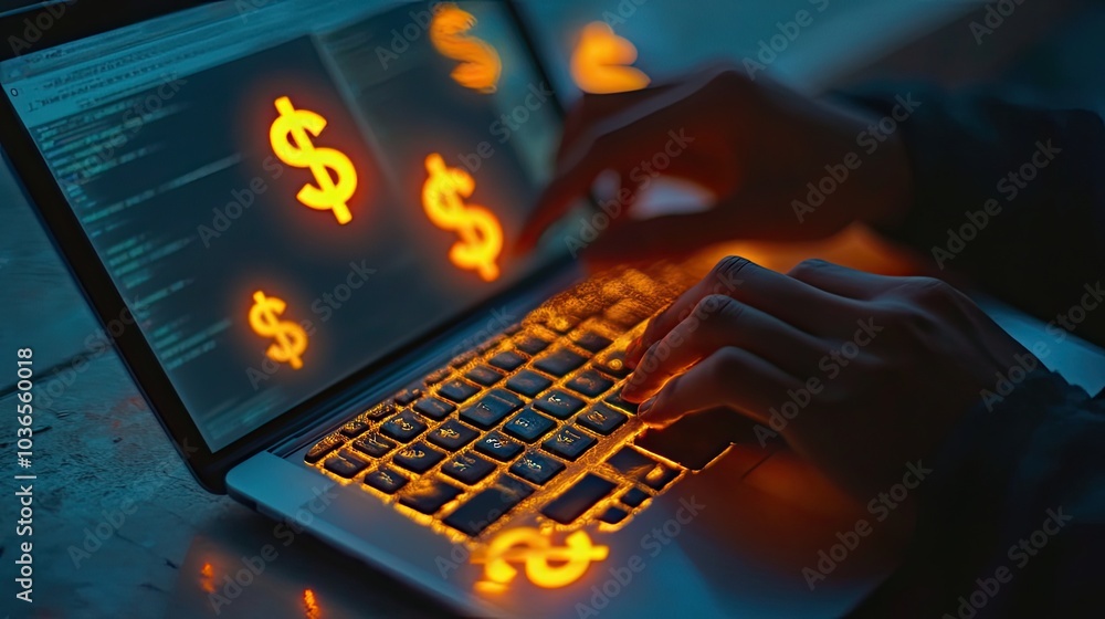 Poster typing on a laptop with glowing dollar signs surrounding it, representing the connection between onl
