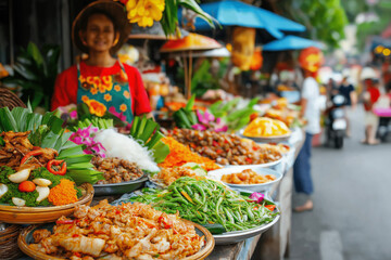 A Wide-Angle View Of A Lively Food Market In The Philippines During A Festive Day, Highlighting Various Stalls Selling Traditional Dishes Like Adobo, Sinigang, And Lechon