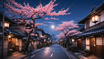 anime wallpaper featuring Tokyo and Japanese streets during cherry blossom season, blending...