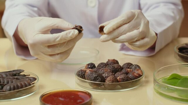 A scientist in a warm laboratory setting reduces soapberries by breaking them in half and placing them in an empty petri dish, while glassware with herbs and liquids is on display.
