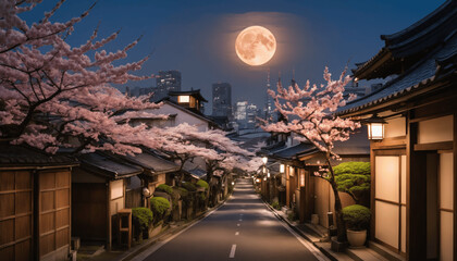 anime wallpaper featuring Tokyo and Japanese streets during cherry blossom season, blending eco-friendly city views, beautiful backgrounds, and village architecture, with light-filled skies